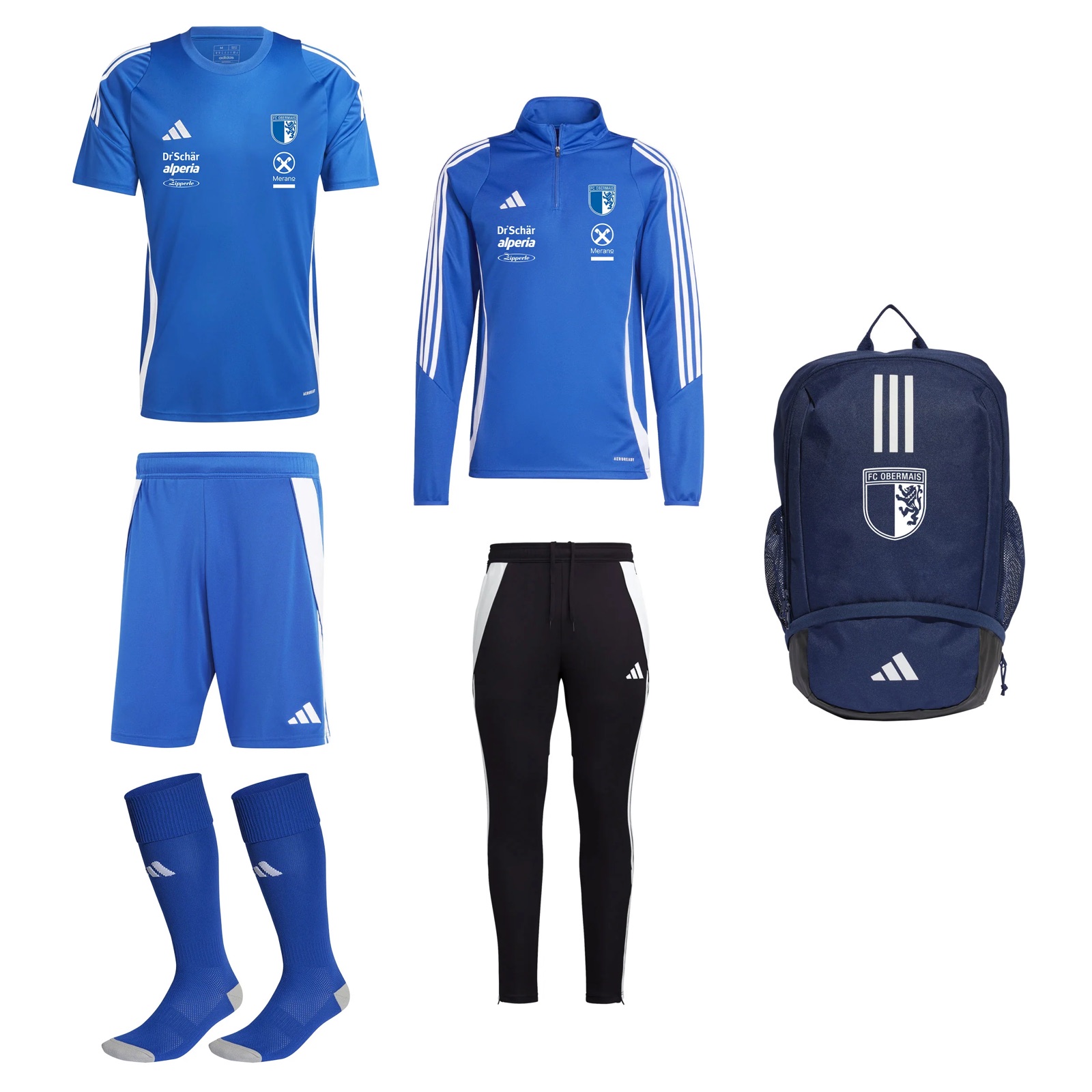 Beispiel einer Teamausstattung: Trikot, Hose, Stutzen, Trainingsoberteil, Trainingshose und Rucksack, bedruckt mit Wappen und Sponsoren